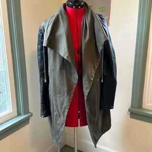 Dex Dark Green Cotton and Vegan Leather Sleeve Long Jacket